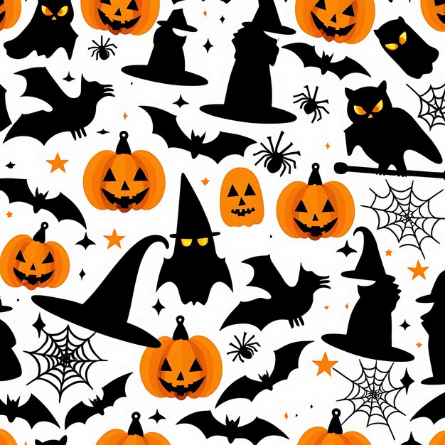 Lindo patrón sin costuras de Halloween con murciélago de calabaza en fondo blanco