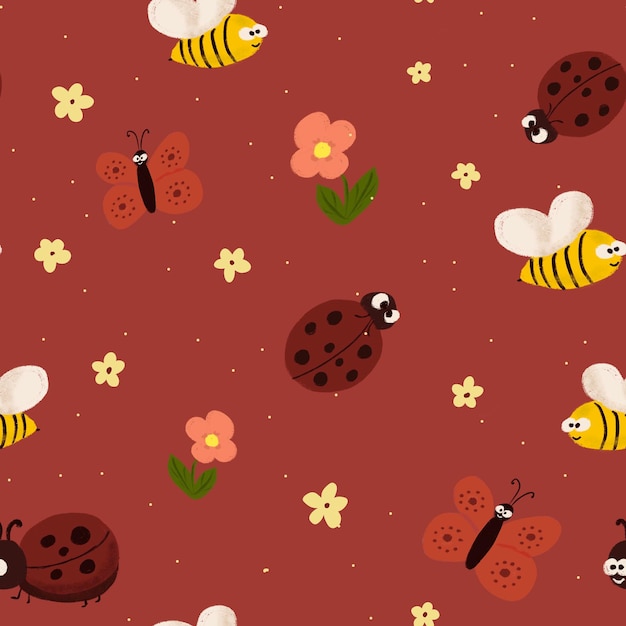 Foto lindo patrón sin costuras con mariquitas mariposas abejas y flores sobre fondo rojo