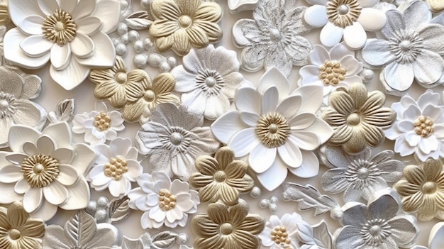 Lindo patrón floral plateado sobre un fondo blanco