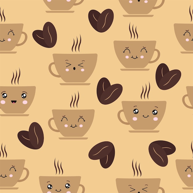 Lindo patrón vectorial sin costuras en estilo kawaii con taza de espresso y granos de café encantador repetible