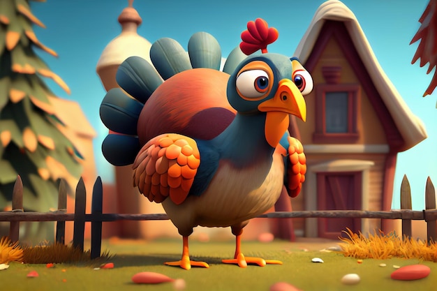 Lindo pavo de dibujos animados en 3d en una granja