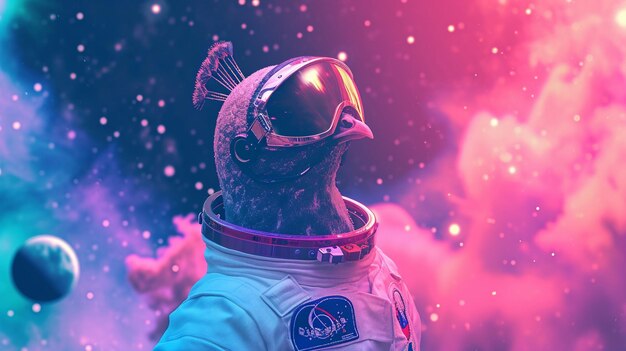 Lindo pavo real espacial vestido con traje de astronauta con gafas de sol en rosa y azul generativo mágico Ai