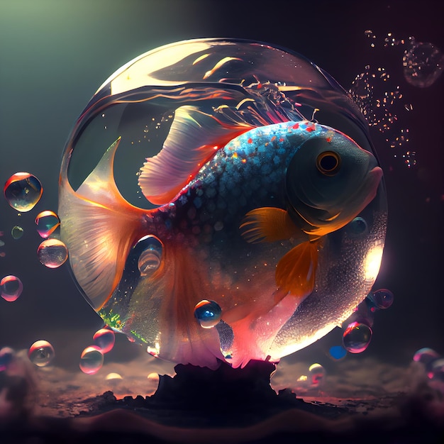 Lindo peixinho dourado em uma ilustração 3D de bola de vidro