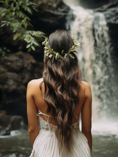 lindo penteado em cascata com ondas em cascata para evento de penteado de casamento de noiva