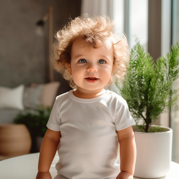 Lindo pequeño bebé con camiseta blanca maqueta fotográfica de alta calidad