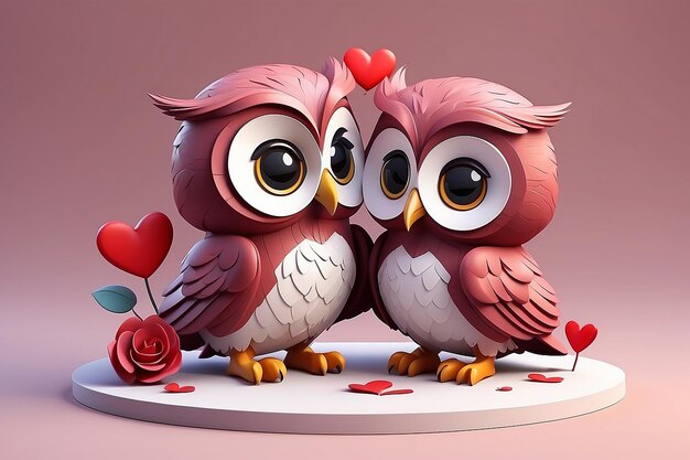 Foto lindo pequeño búho enamorado en el romántico día de san valentín dibujado a mano estilo de dibujos animados ilustración 3d