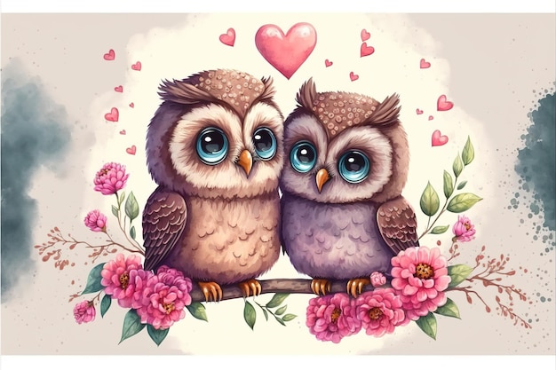 Lindo pequeño búho enamorado en el romántico día de San Valentín estilo de dibujos animados dibujados a mano