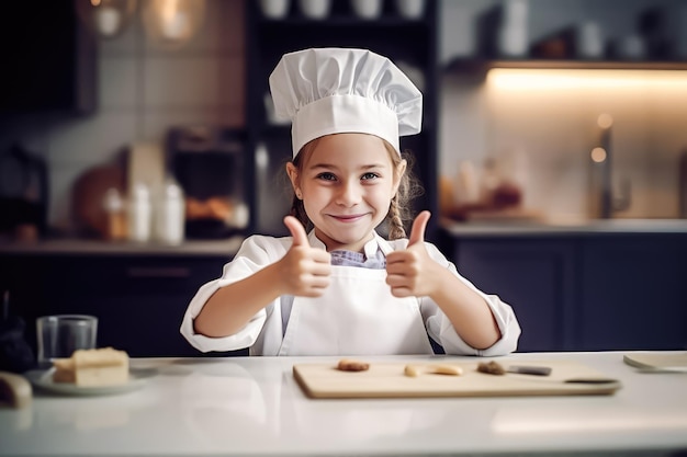 Lindo pequeño chef panadero en un delantal y sombrero chef gestando pulgares hacia arriba generativo ai