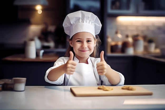 Lindo pequeño chef panadero en un delantal y sombrero chef gestando pulgares hacia arriba generativo ai