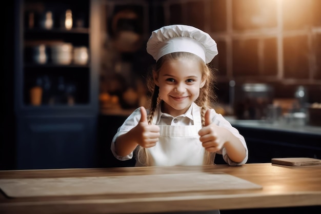 Lindo pequeño chef panadero en un delantal y sombrero chef gesticulando pulgares arriba ai generativo