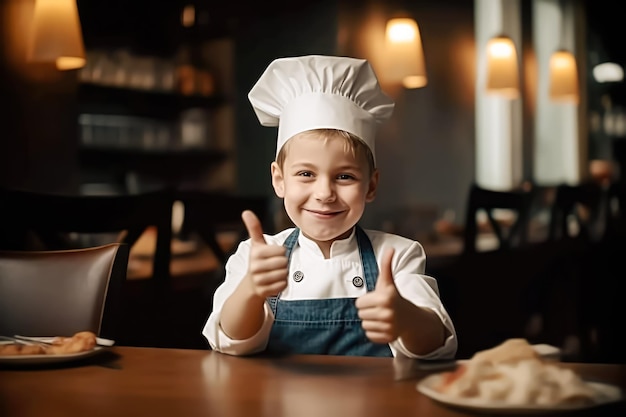 Lindo pequeño chef panadero en un delantal y sombrero chef gesticulando pulgares arriba ai generativo