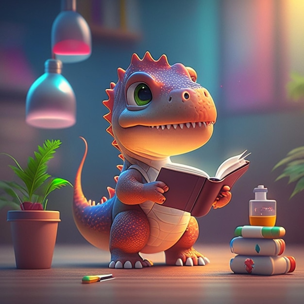 Lindo pequeño dinosaurio leyendo un libro en casa 3D renderizado