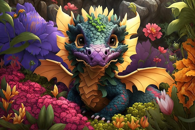 Lindo pequeño dragón jugando en un jardín de flores rodeado de coloridas flores