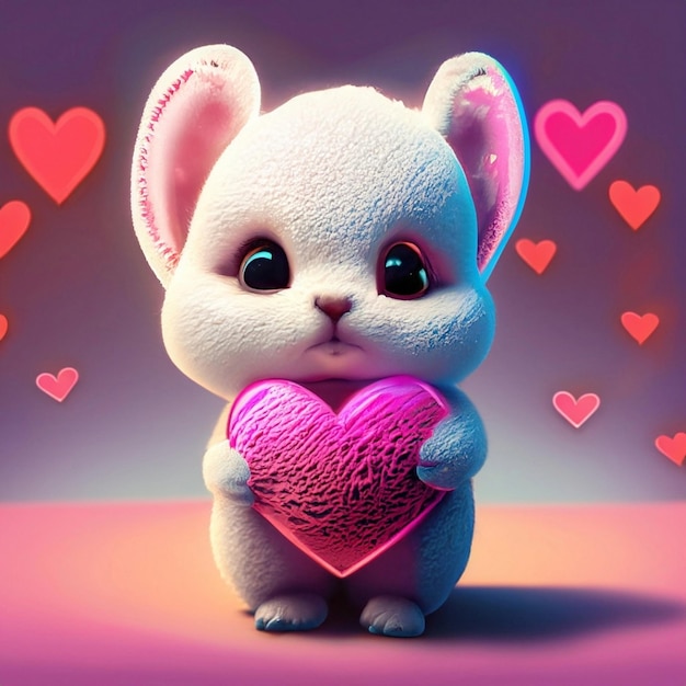 Lindo pequeno e fofo banny segurando um coração Amo o Dia dos Namorados