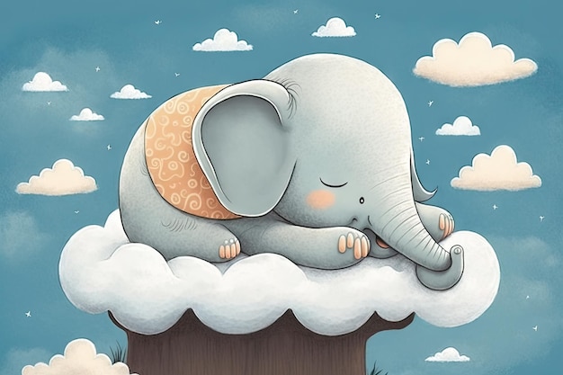 Un lindo y pequeño elefante bebé duerme en una nube ai generativo