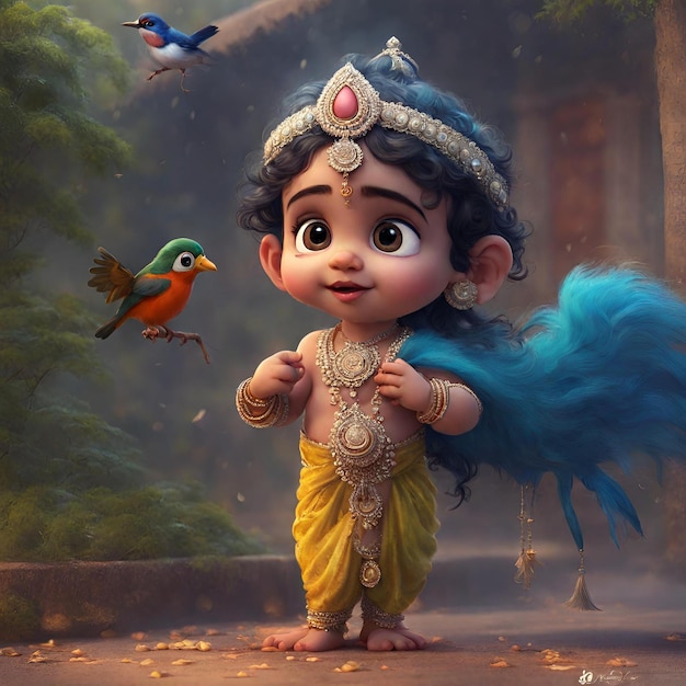 Foto el lindo pequeño krishna en el bosque con los pájaros