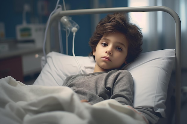 Foto lindo pequeño paciente molesto descansando en la cama del hospital ia generativa