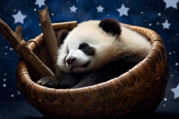 Foto el lindo pequeño panda durmiendo en la luna.