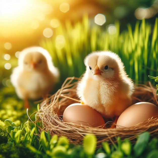 lindo pequeño recién nacido pollo bebé amarillo y tres huevos de gallina granjero en la hierba verde