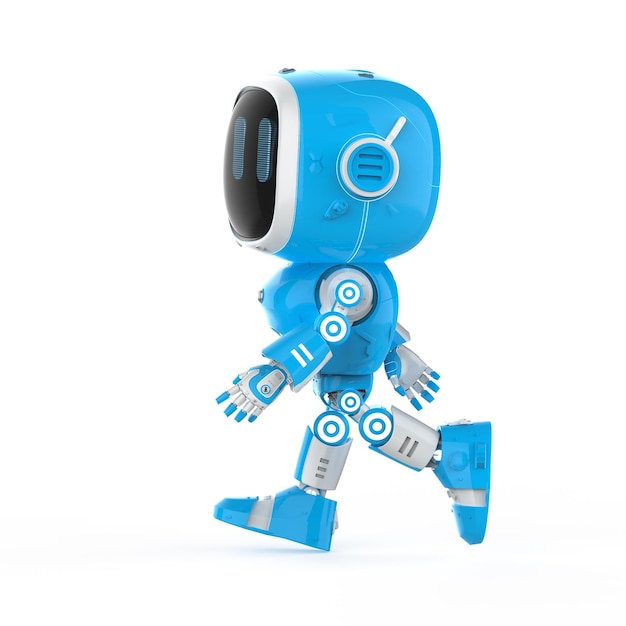 Lindo y pequeño robot asistente de inteligencia artificial caminando