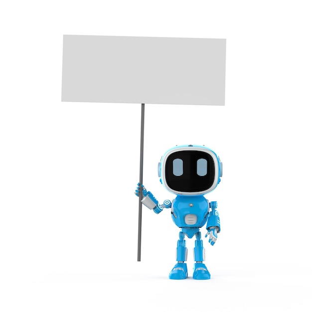 Lindo y pequeño robot asistente de inteligencia artificial con nota vacía