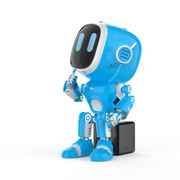 Lindo y pequeño robot asistente de inteligencia artificial pensar o analizar