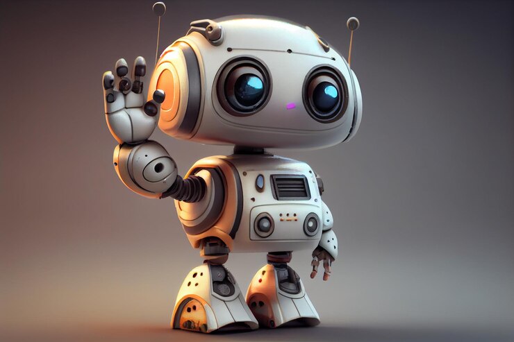 Lindo y pequeño robot ayudante con inteligencia artificial levantando ai manual generativo