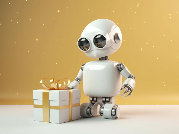 Lindo pequeño robot bebé con un regalo de cumpleaños o Navidad generado por ai