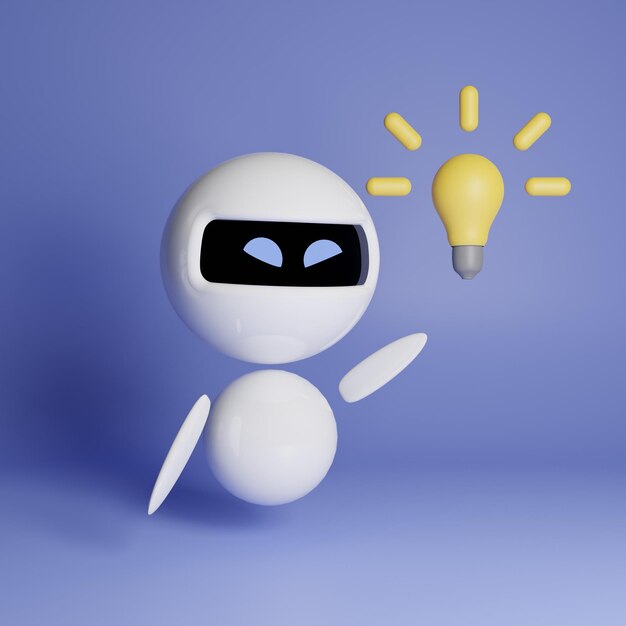 Lindo pequeño robot blanco con una bombilla en fondo azul ilustración renderizada en 3D Gran idea conc