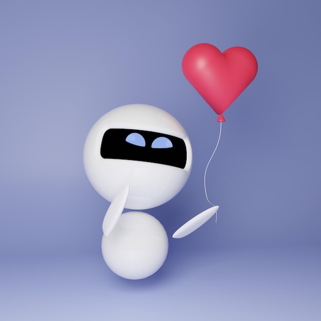 Foto lindo pequeño robot blanco en un fondo azul ilustración renderizada en 3d robot sosteniendo un globo de corazón