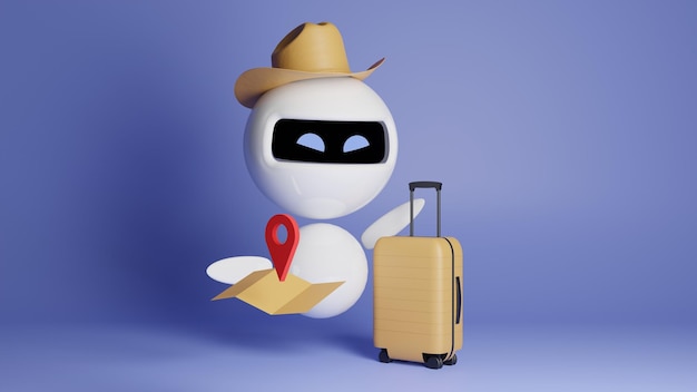 Lindo pequeño robot blanco con mapa y maleta en fondo azul ilustración renderizada en 3D Viajando