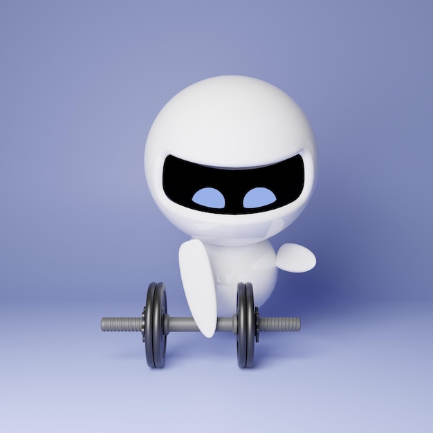 Lindo pequeño robot blanco con pesas en fondo azul ilustración renderizada en 3D Gimnasio y deporte con