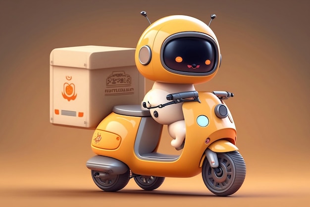 Un lindo y pequeño robot inteligente en un scooter eléctrico naranja demuestra un concepto de entrega