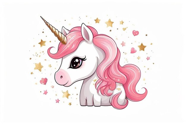 Lindo pequeño unicornio mágico rosado diseño vectorial sobre fondo blanco