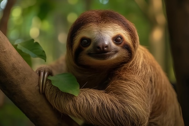 Lindo perezoso colgando de la rama de un árbol con cara graciosa IA generativa