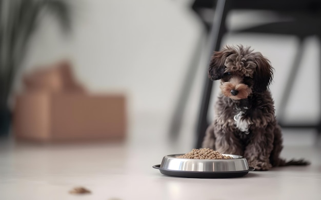 Foto un lindo perrito caniche está sentado frente a un tazón de comida saludable para perros espacio libre para texto generativo ai