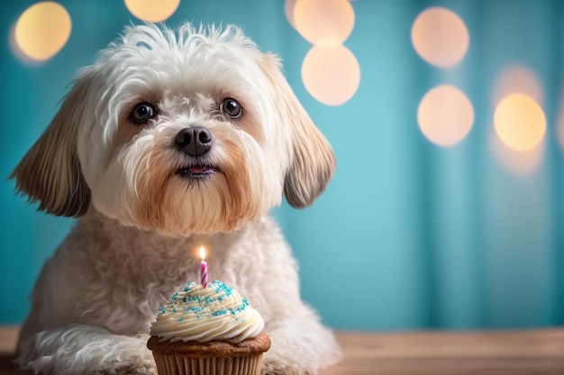 Lindo perrito con cupcake de cumpleaños sobre fondo festivo bokeh Ilustración generativa de IA