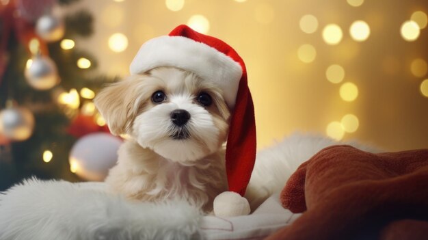 Un lindo perrito con disfraz de Papá Noel en el fondo de primer plano de año nuevo Papel de pared de tarjeta de fondo de Navidad para el escritorio