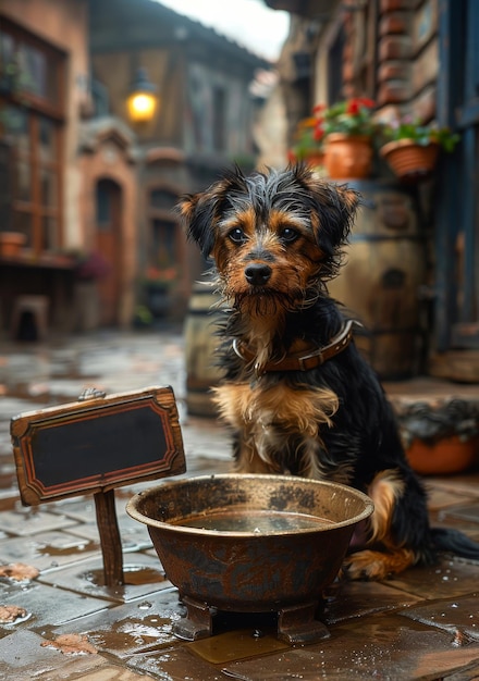 Un lindo perrito está sentado en una balanza en una calle de una ciudad medieval.
