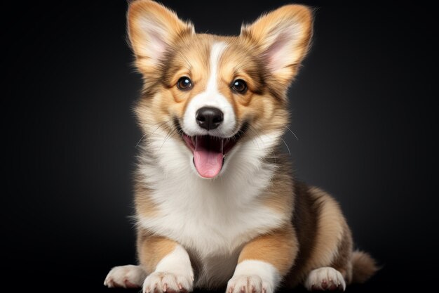 Un lindo perrito con la lengua sobresaliendo está sonriendo El perro es marrón y blanco y está sentado en una superficie negra