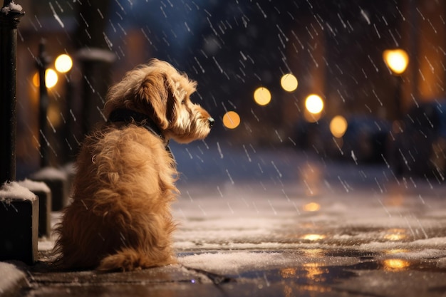 Lindo perrito bajo la lluvia en la calle por la noche