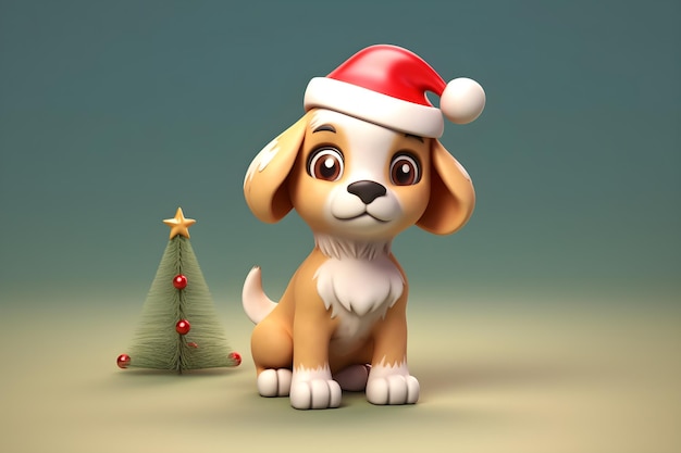 Lindo perro 3D con árbol de Navidad generado por Ai