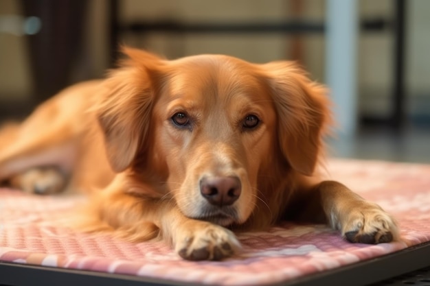 Lindo perro acostado en una alfombra de enfriamiento en un día caluroso en casa Generado por IA