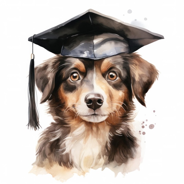 El lindo perro acuarela en la gorra de graduación aislado