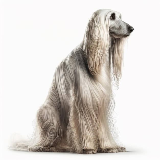 Lindo perro agradable raza lebrel afgano aislado en blanco primer plano hermosa mascota perro esponjoso