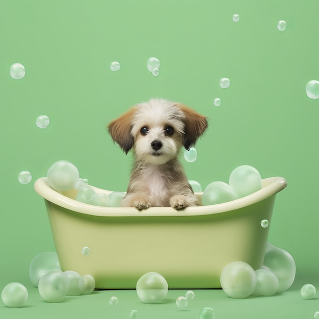 Lindo perro en una bañera