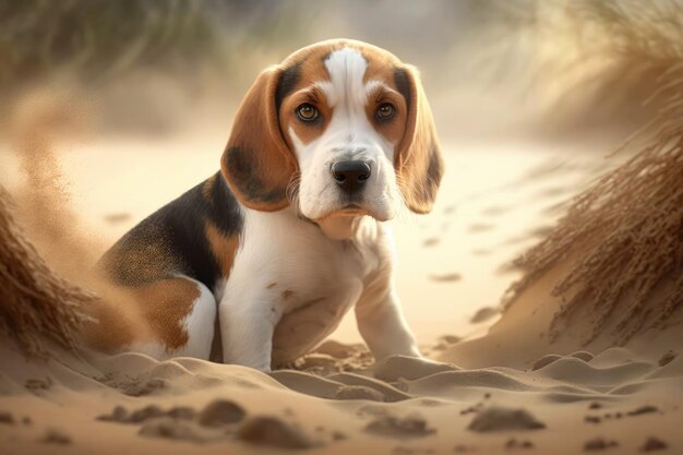 Un lindo perro beagle con cabello blanco se sentó en la arena en el parque después de jugar con otros perros beagle