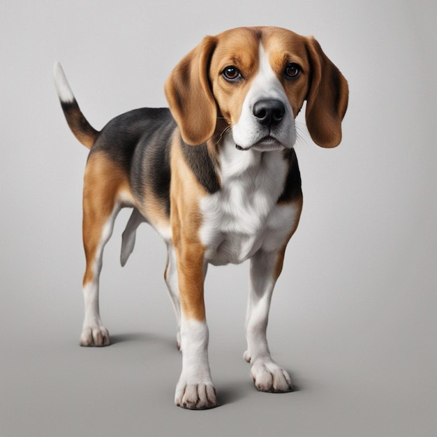 Un lindo perro beagle con un fondo gris limpio