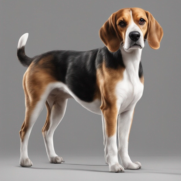 Un lindo perro beagle con un fondo gris limpio