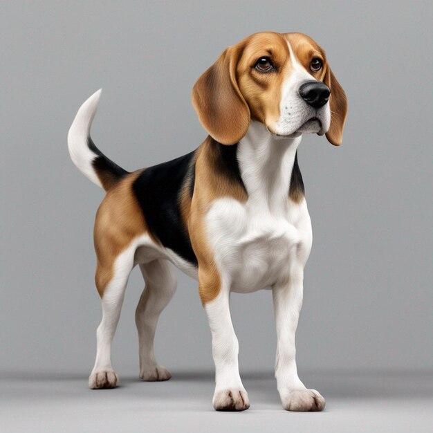 Un lindo perro beagle con un fondo gris limpio